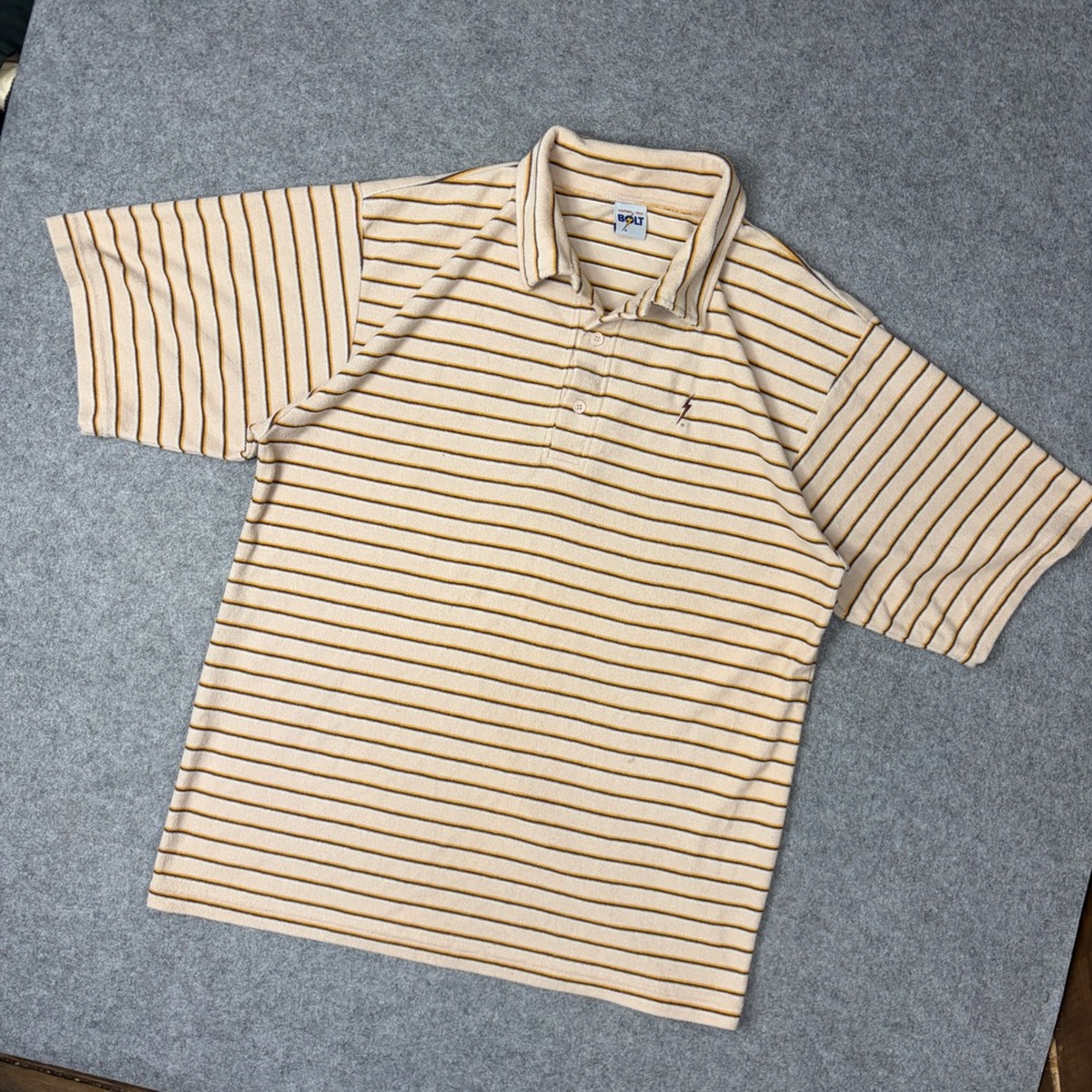 Lightning Bolt Mens XXL Terry Cloth Striped Polo Shirt Short Sleeve Tan Brown